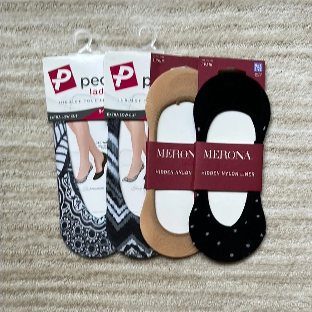 4 Pairs Merona and Peds Hidden Nylon Liner Socks - Black Pattern and Nude